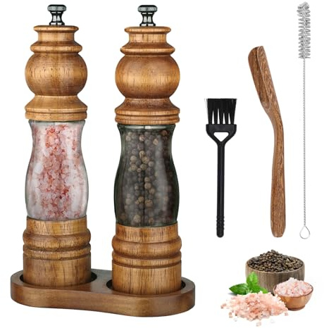 Foyucool Moulin Épice Bois Set de 2 Avec Cuillère, 8 Pouces Plexi Clair | Avec Plateau en Bois, Finesse Réglable et Noyau Céramique Rechargeable, Parfait pour la Cuisine au Quotidien.