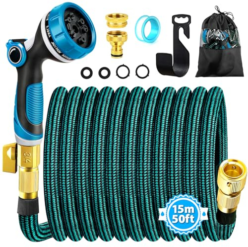 Tubo Acqua Giardino,Tubo Estensibile da Giardino con connettore in ottone da 3/4' e 1/2',Canna Acqua Giardino con ugello spruzzatore a 10 funzioni,15 metri Gomma per Innaffiare,Tubo Irrigazione (15M)