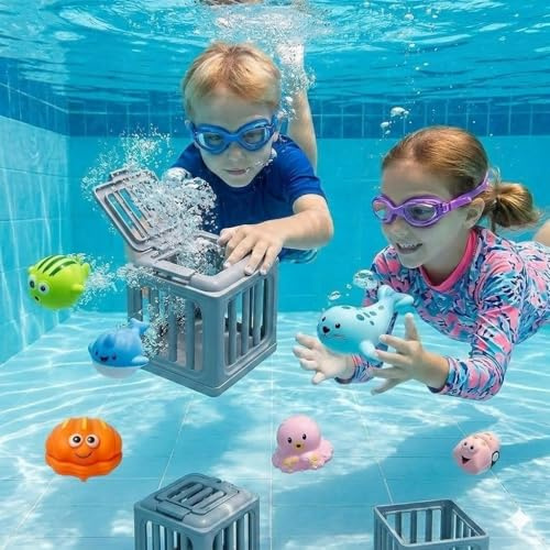 Confezione da 6 giocattoli di salvataggio subacquei, giocattoli per immersioni subacquee 2026 nuovi giocattoli per immersioni in piscina con scatole per pesci, con animali dell'oceano e gabbie