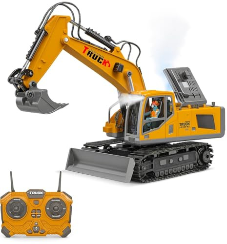 Waka Tienda Excavadora RC Teledirigida para Niños +6, 13 Canales, Pala Metálica, Giro 680°, Luces LED, Sonidos y Efecto Niebla, 2,4 GHz, Vehículo de Construcción