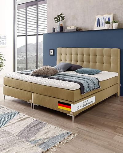 WELCON boxspringbettenshop24.de - Boxspring Bett Rockstar Luxus Boxspringbett 180x200 Härtegrad H3 in Sand/beige inkl. Topper - Komfort Schaum - hohes abgestepptes Kopfteil - über 1000 Federn