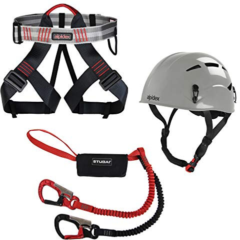 ALPIDEX Kletterhelm Klettergurt + Stubai Klettersteigset Basic 3.0, Farbe:Pebble Grey, Größe:Gurt - Universalgröße/red Pepper