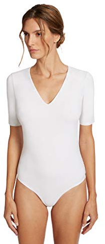 Wolford Vermont String Body for Women Lightweight Jersey Deep V-Neck Bodysuit with Short Slim Sleeves and Snap Fastener White Medium