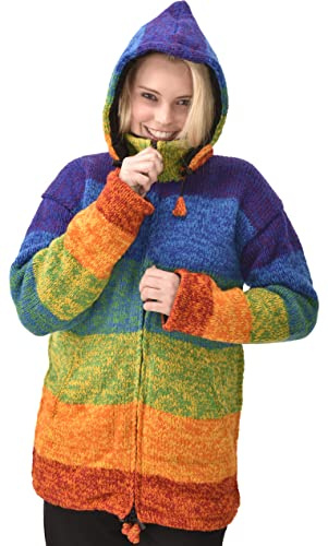 Hand Made 100% Merino Wool Norwegian Icelandic Cardigan Irish Nordic Design Nepalese Jacket Polar Fleece Lined Hoodie Sweater Winter Coat Rainbow