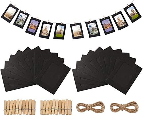 Hsthe Sea Lot de 20 cadres photo en papier, cadre photo créatif en carton avec ficelle en lin et pinces - Noir