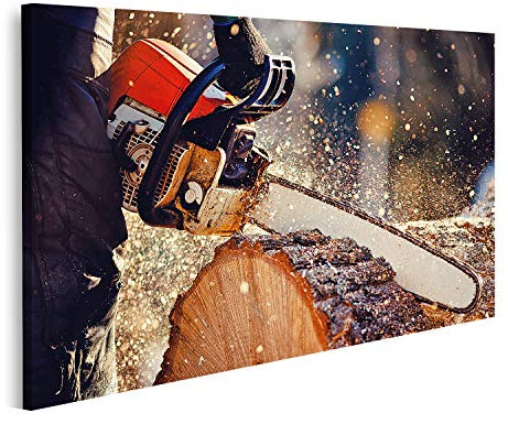 islandburner Cuadro sobre lienzo Motosierra El leñador sierra el árbol con una motosierra en un aserradero Impresiones Arte Póster Mural