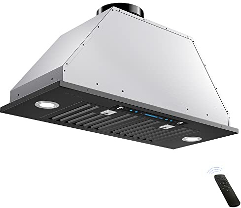 IKTCH 36 inch Black Built-in/Insert Range Hood, 900 CFM Ducted/Ductless Stainless Steel Kitchen Vent Hood with 4 Speed Gesture Sensing&Touch Control Panel(IKB01-36-BSS)