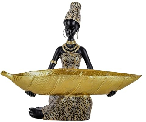 Afrikanische Stammesfrau mit Schale – Handbemalte Dekofigur aus Kunstharz – Goldene Afrikanerin Statue für Wohnzimmer, Regal, Kaffeetisch, Hochzeit oder Feiertagsdekoration (A6)