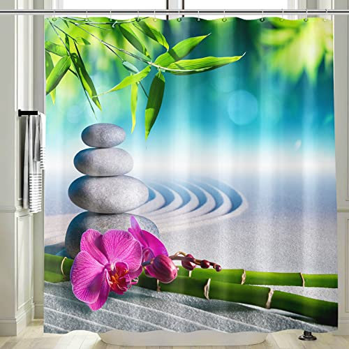 Vgzsyomqib 3D Zen Duschvorhang Anti Schimmel Wasserdicht für Badewanne Yoga Orchidee Stoff Bad Vorhang Shower Curtains 180x200 Lang Grün Bambus Grau Duschvorhänge Waschbar Textil mit Haken