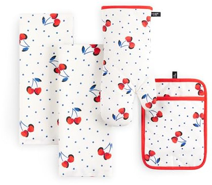 kate spade new york Cherry Dot Kitchen Towel, Oven Mitt & Pot Holder 4-Pack Set, 17 x 28, 7 x 13, 7 x 10, White/Red/Blue
