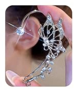 Fanquility 2Pcs Butterfly Earrings Ear Cuffs Non Pierceing Ear Cuff Fake Earrings Rhinestone Butterfly Climber Wrap Around Earring Dainty Adjustable Ear Clip Jewelry for Women (Style3)