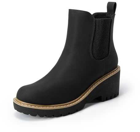 DREAM PAIRS Bottines Chelsea Femme à Talon Compensé Bas, Bottes Plateforme Confortables Bout Rond, Style Slip-On Facile à Enfiler,Size 38,Noir-Nubuck,SDAB2403W