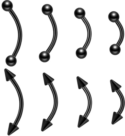 Yolev Piercing de Ceja y Labio de Acero Quirúrgico 16G 8 Piezas Diafragma Negro Barra Curva Clavo Personalizado 1,2 mm