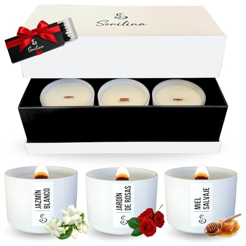 SORILINA Set de 3 Velas Aromáticas con Caja de Regalo - Cera de Soja, Mecha de Madera Crepitante, Hechas a Mano en España Regalo Mujer San Valentín (Jazmín, Rosas y Miel)