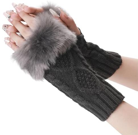 CABODYALS 2 par mörkgrå fingerlösa handskar kabelstickade armvärmare bulk vinter mjuka fluffiga tumhålshandskar med fuskpäls stickad hand handledsvärmare vantar för kvinnor unisex skriva körning