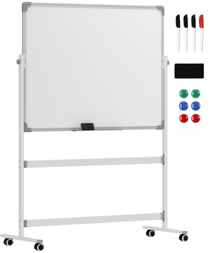 HOMCOM Lavagna Magnetica Bianca a 2 Facce 120x90cm, Lavagna Cancellabile a Secco Girevole a 360° 3 Livelli Regolabile con Supporto, Ruote, Cancellino, Pennarelli, Magneti, Vassioio per Ufficio Scuola