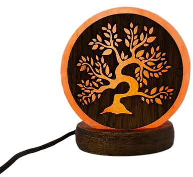 AROMASENSES | Lámpara de Sal del Himalaya USB | Hecha a Mano, Base de Madera | Lámpara Relajante para Mesita de Noche y Oficina, Luz Fija, 100% Natural | Sal Rosa del Himalaya | BONSÁI
