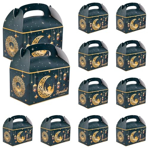 12st Ramadan Presentförpackning, Ramadan Mubarak Presentförpackning Hopfällbar Papper Goodieboxar för Presenter Eid Al Fitr Presentförpackningar för Godis Presenter Muslimska Festtillbehör