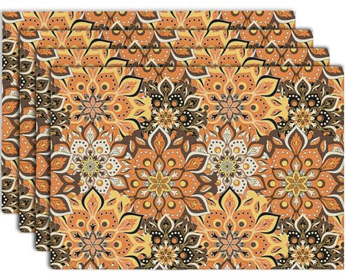 Boho Vintage Mandala Platzsets 4er Set, Leinen Geometrie Marokkanisch Tischsets Waschbar Platzdeckchen Dekor für Küche, Restaurant, Bauernhaus, Urlaub, Party, Bankett, Braun 30x45cm