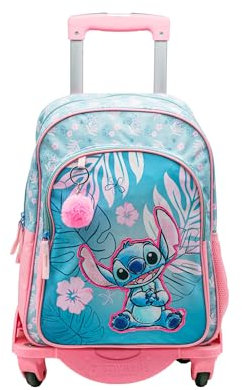 ToyBags Sac à Dos Scolaire Stitch Pink - Double Compartiment - avec Accessoire Pom-Pom - Adaptable + Chariot Rose Protection latérale et Stopper Avant Anti-Chute 4 Roues pivotantes - 44 x 30 x 20 cm