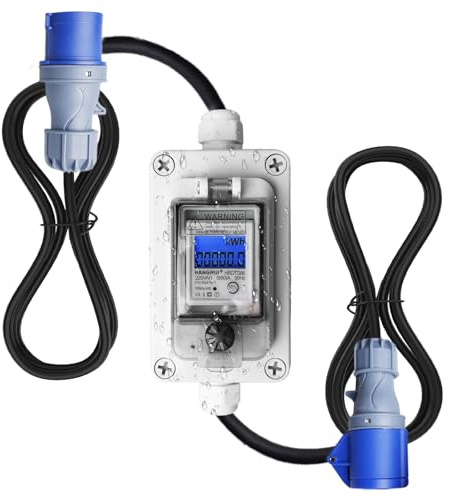 Contatore elettrico digitale portatile 60 A 230 V, IP67 impermeabile con spina CEE e accoppiamento, misuratore KWH 3 x 1,5 mm² cavo in gomma da 3 m, funzione di ripristino per camper, veicoli