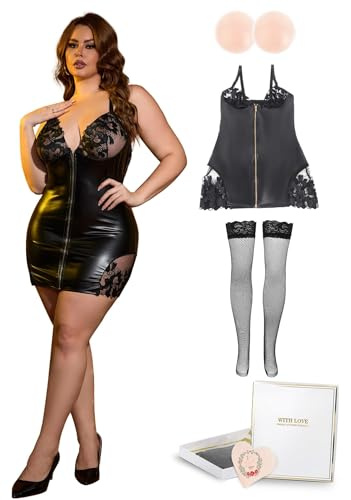 ohyeahlady Vestito Donna Sexyhot Pelle Pu Mini Vestito Discoteca Corto Abito Sexydonna Hot Curvy Pelle Pu Taglie Forti Bodycon Clubwear Cocktail Party Festa XXL,Nero+Calze