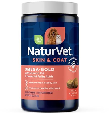 NaturVet – Omega-Gold Plus Salmon Oil | Supports Healthy Skin & Glossy Coat | Enhanced with DHA, EPA, Omega-3 & Omega-6 | for Dogs & Cats | 180 Soft Chews