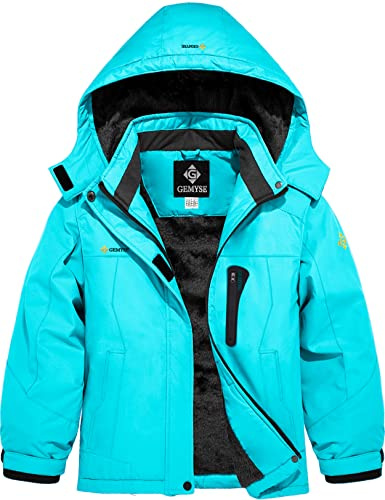 GEMYSE Girl's Waterproof Ski Snow Jacket Hooded Fleece Lined Windproof Winter Jacket (Lake Blue,6/7)