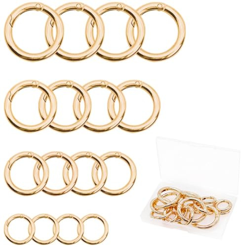 QUMENEY - 16 anillos de aleación de zinc, mosquetón redondo, hebilla con gancho, accesorios de bricolaje de 4 estilos para llaveros y bolsos (dorado)
