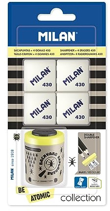 MILAN Blíster 1 sacapuntas Collection serie especial Be Atomic + 4 gomas de borrar 430