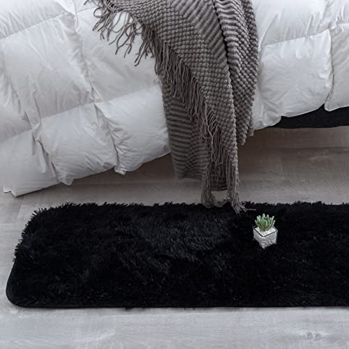 CHOSHOME Fluffy Shaggy Rugs Living Room - Soft Plush Modern Floor Carpet - Non Slip Non Shedding Bedside Area Rug for Kids Room, Bedroom, Nursery, Lounge - Black, 40x120 cm