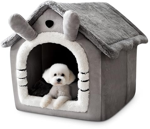 ALLSOPETS Dog House Indoor Cat House, Warm and Cosy Cat Igloo Bed, Foldable Pet Bed with Roof, Comfortable Dog Nest with Removable Cushion (Gray Cat, M)