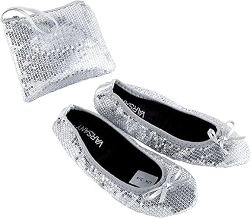 Varsany Scarpe arrotolabili con paillettes argentate, pieghevoli, ballerine, ballerine, da donna, dopo feste, con borsa pieghevole, scarpe basse da donna, Argento, Small