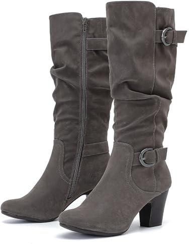 Ruiee Damen Slouchy Kniehohe Stiefel mit klobigem Absatz, spitzer Zehenbereich, bequem und modisch für Herbst und Winter für Damen., Grau Zpu 301, 38 EU