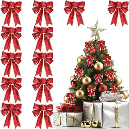 ZoneYan Weihnachtsschleifen Rot, 12 Stück Glitzer Weihnachten Schleifen, Weihnachtsbaumschmuck, Weihnachtsbaum Schleifen Deko für Weihnachtskranz, Weihnachtsfeiern, Geschenkdekoration