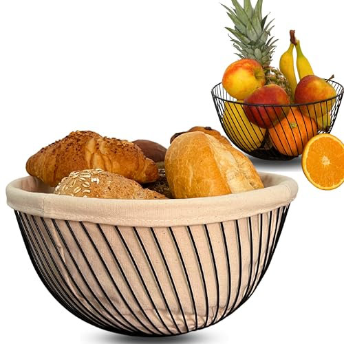 EliXito® 2 in 1 Obstkorb Brotkorb Metall - mit Einlage aus 100% Baumwolle für Brötchen & Mehr - Anti Rutsch & Kratz - Auch ideal als Organizer oder Deko Korb