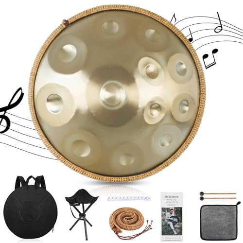 Handpan Drum, 12 Töne 22 Zoll Steel Instrument 440/432h Gold in D Minor Zungentrommel Mit Weicher Tasche, Schlägeln, Handtrommelständer für Anfänger, Profis, Musiktherapie (432Hz)