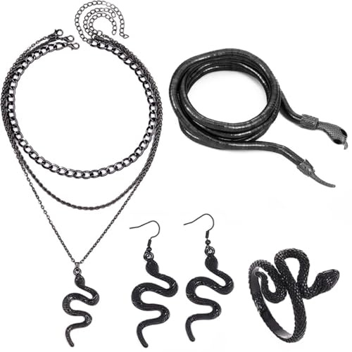 Reaky Ensemble de bijoux Snake Collier en or superposé Boucles d'oreilles Bagues Bijoux d'Halloween pour femmes (4 PCS Black Necklace Earrings Ring Bracelet)