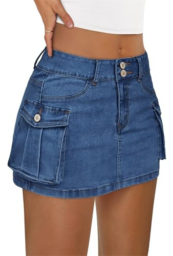 Faldas cortas tipo cargo para mujer, falda de mezclilla con bolsillos, color sólido, cintura baja, falda de mezclilla delgada, Jean Azul, S