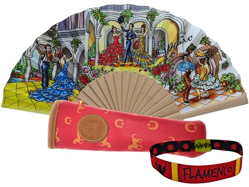 Pack d'éventail avec dessin danse flamenco avec étui artisanal fabriqué en Ubrique et bracelet en tissu – Design traditionnel espagnol – Parfait comme souvenir ou cadeau (Bailaores Étui rouge)