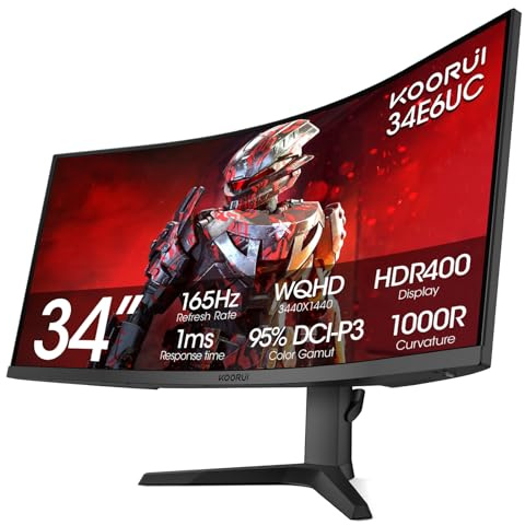 KOORUI 34-inch Ultrawide Curved WQHD 3440×1440 Gaming Monitor, 165Hz 144Hz Curved 1000R- PIP/PBP, 1ms(MPRT) with DisplayHDR 400, FreeSync Premium, 75 * 75mm VESA, HDMI/DisplayPort, 34E6UC