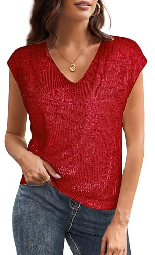 GRACE KARIN Damer paljetter blus V-ringning glitter toppar kortärmad vintage paty-blus cocktail klubb nattkläder, röd, L