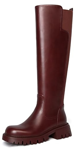 Bouwno Platform knee high boots women Comfortable Stretch Round Toe Chunky Heel Tall Boots with Side Zip Dress Casual Long Riding Boots, Burgundy-elastic, 7 UK
