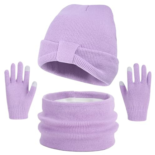 ZXTGBQ 3 en 1 Conjunto de Gorro, Bufanda y Guantes para Niños de 3PCs, Set Beanie Invierno, Invierno Sombrero de Punto, para Niña Niño 3-8 Años (Púrpura)