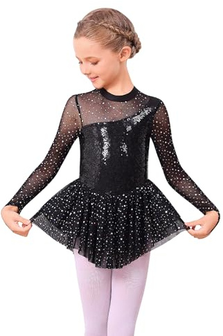 FYMNSI Roller Figure Ice Skating Dress for Girls Lyrical Dance Outfits Sparkly Rhinestone Long Sleeve Mesh Tulle Skirted Leotard Gymnastics Ballet Dancewear Stage Performance Black 9-10 Years