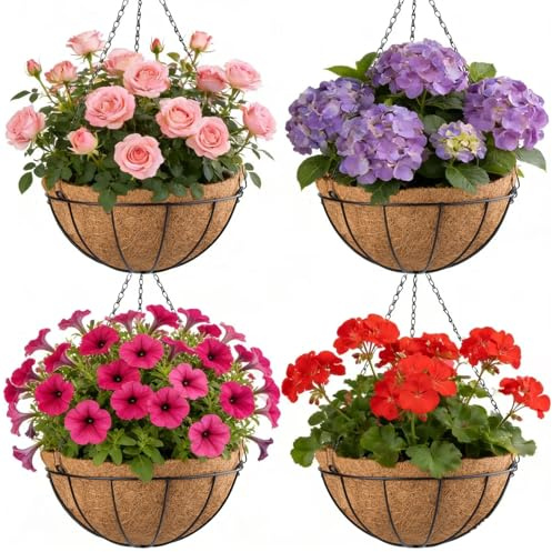 Hängande korg i metall med kokosfoder, 4-pack 30,5 cm/12 tum rund hängande blomväxtkruka med 50,5 cm svart kedja, kokosnötskokärlsfoder, planterare för inomhus, utomhus, trädgård, veranda, balkong