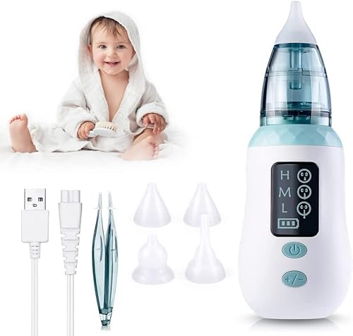 Elektrischer Baby Nasensauger, 3 sanfte Saugstufen, 4 wiederverwendbare Silikonaufsätze, leise & schmerzfrei, BPA-frei, einfach zu reinigen, Nasenpflege für Neugeborene, Säuglinge & Kleinkinder
