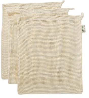 Simple Ecology Reusable Produce Shopping and Storage Bags, Drawstring, Washable Organic Cotton Mesh, Large 3 pack