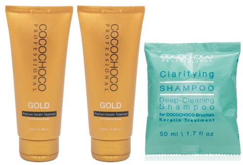 COCOCHOCO Professional Gold Keratin KIT in BOX - Haarbehandlung (200 ml) und Reinigendes Shampoo (50 ml) - Komplex Keratin Kur für Haarglättung - Für alle Haartypen