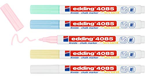 edding 4085 Marqueur craie liquide - jaune, vert, rose, bleu, blanc (pastel) - étui de 5 feutres - 1-2 mm - feutre craie effacable pour écrire sur les vitres -feutre craie ardoise aux couleurs opaques